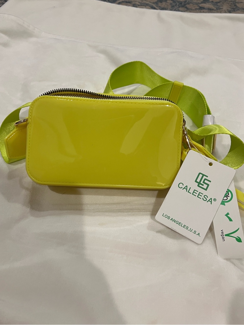 Caleesa Neon Yellow Patent Vegan Crossbody Bag - Picture 1 of 9